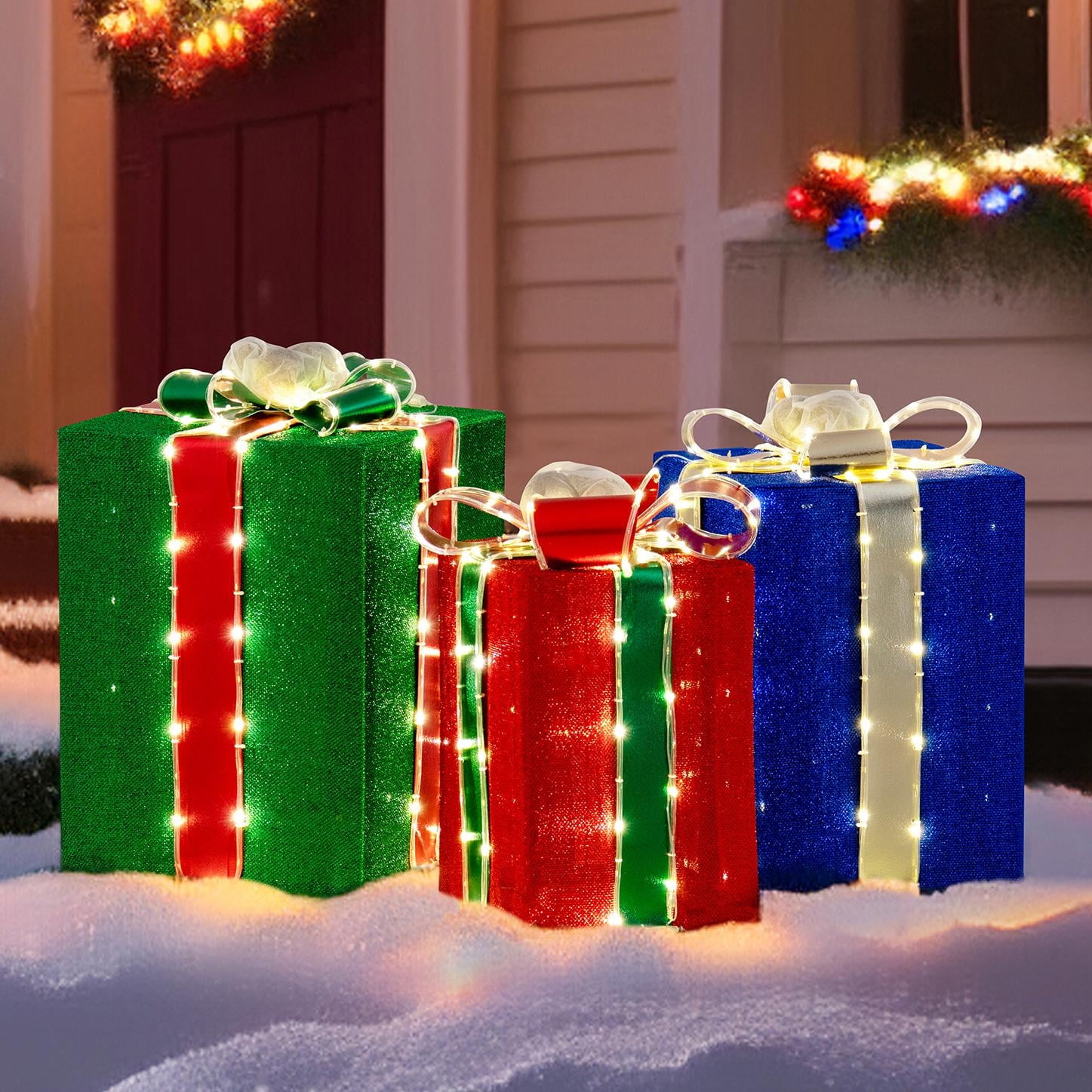 Festive 3-Piece Lighted Christmas Gift Box Set for Indoor/Outdoor
