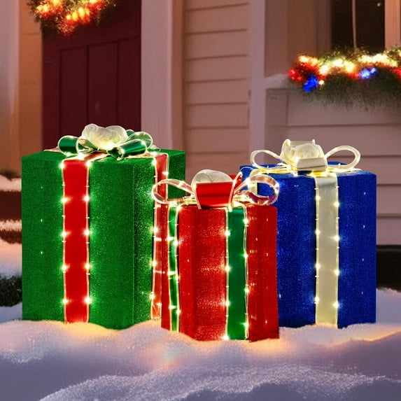 Sunjoy 3-Piece Christmas Lighted Gift Box, 3D Tinsel Santa Gift Box Outdoor Garden Yard Lawn Festive Holiday Decoration with Lights for Indoor & Outdoor