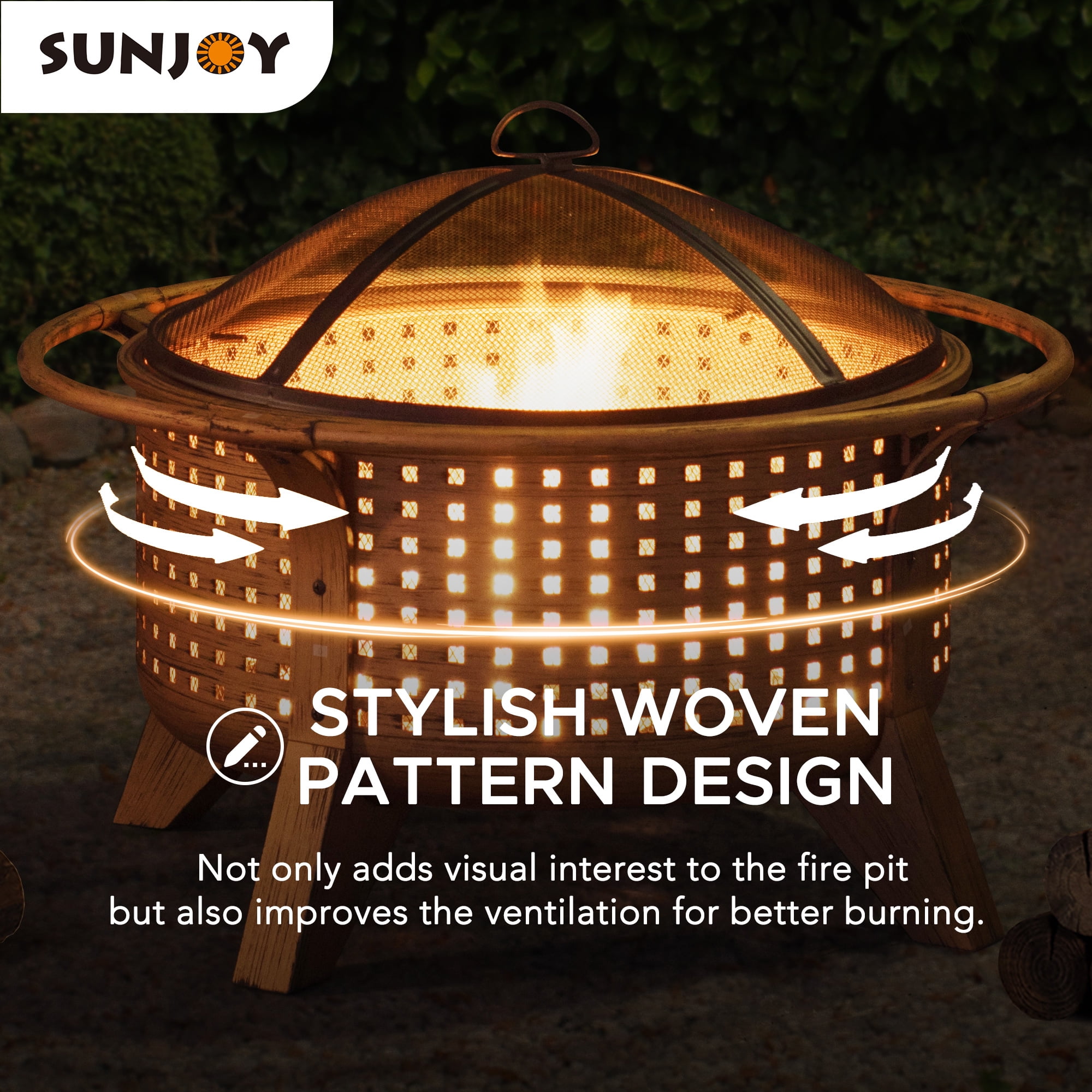 Sunjoy 30 in. Outdoor WoodBurning Fire Pit, Patio Woven Round Steel