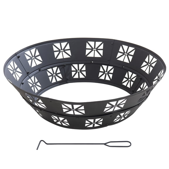 Sunjoy 36" Outdoor Fire Pit Ring, Heavy-Duty Steel Fire Pit Liner with Decorative Cutouts, Sectional Portable Design, High-Temperature Powder-Coated Fire Ring for Backyard, Camping & Bonfire, Black