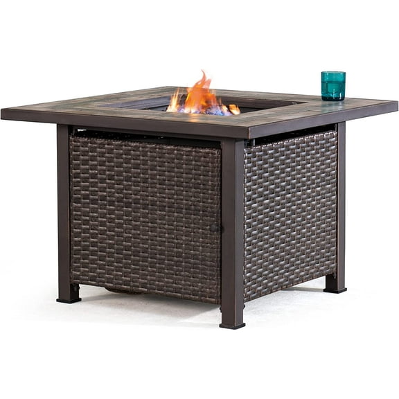 Sunjoy Lynch Square Ceramic tile top with all-weather wicker Propane Powered Firepit