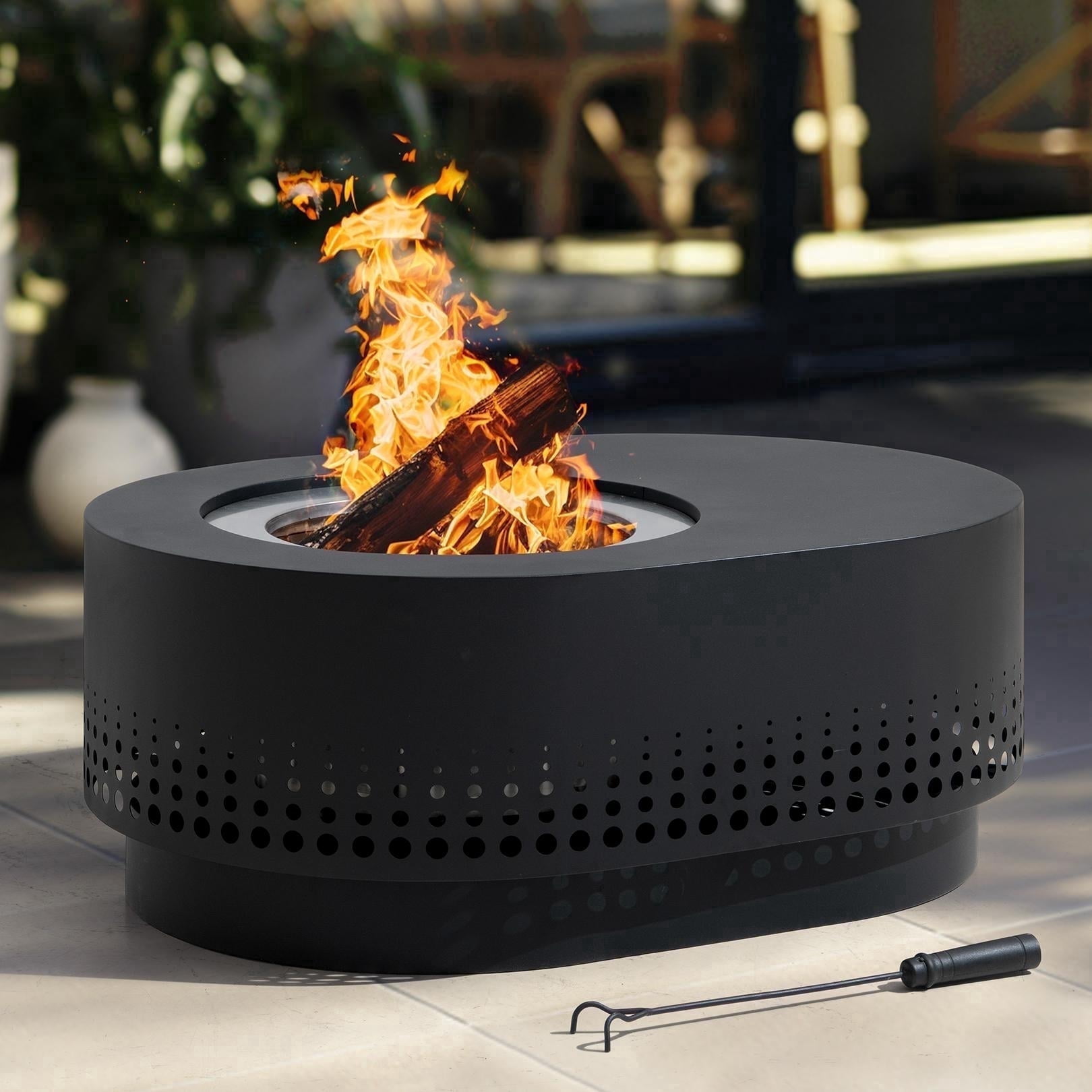 Sunjoy 38 In Smokeless Fire Pit with Removable Ash Pan, Outdoor Portable Wood Burning Fireplace with PVC Cover and Fire Poker ,Ideal for Camping, Bonfire, and Backyard, Black
