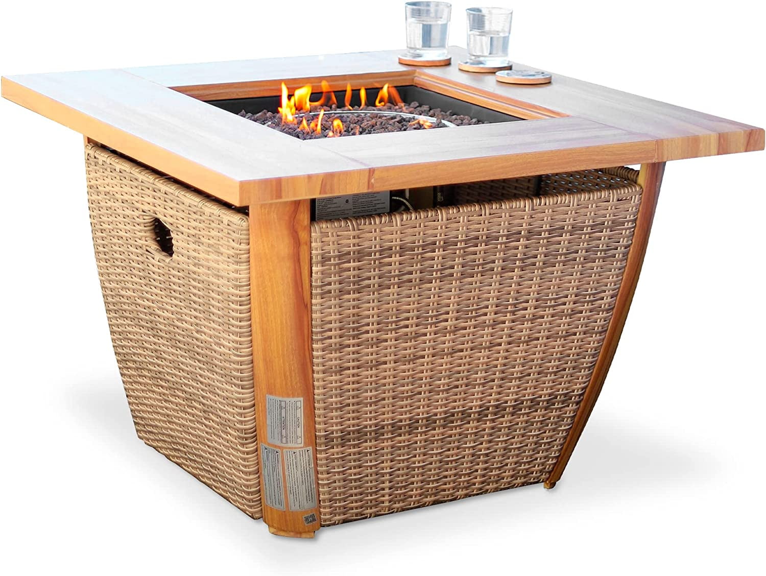 Sunjoy 38 in. Smokeless Fire Pit Outdoor Wicker Propane Gas Fire Pit Table Hidden Propane Tank Fire Pits with Lid and Lava Rocks