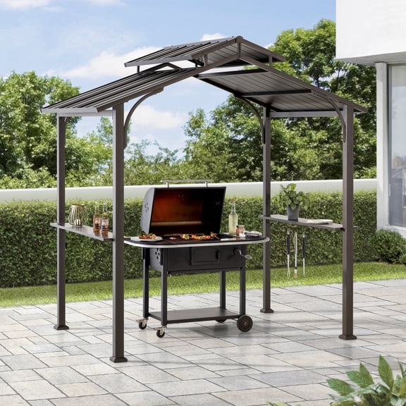 Sunjoy 8 ft. x 5 ft. Brown Steel Frame Double Tiered Hardtop Grill Gazebo with Ceiling Hook and Shelves