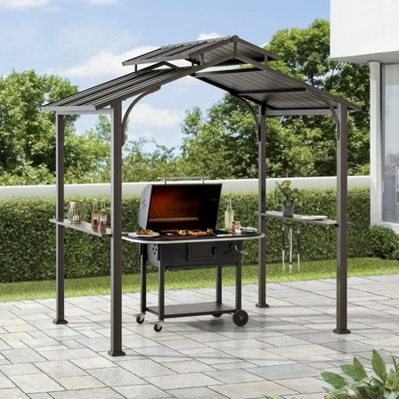 Sunjoy 5 ft. x 8 ft. Brown Steel Frame Double Tiered Hardtop Grill Gazebo with Ceiling Hook and Shelves