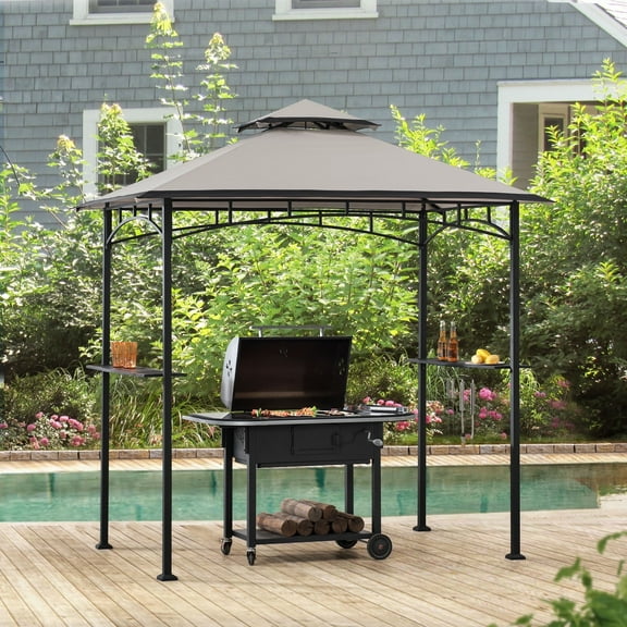 Sunjoy 5 ft. x 8 ft. Outdoor Black Steel 2-tier Grill Gazebo ,Outdoor BBQ Canopy Shelter with Gray and Black Canopy