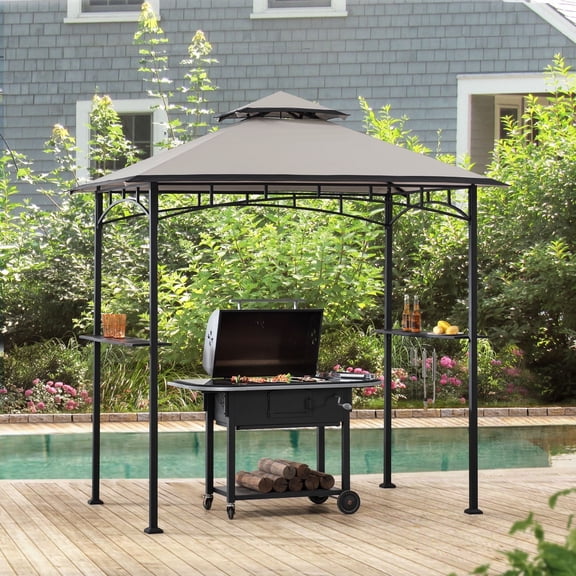 Sunjoy 8 ft. x 5 ft. Outdoor Black Steel 2-tier Grill Gazebo ,Outdoor BBQ Canopy Shelter with Gray and Black Canopy