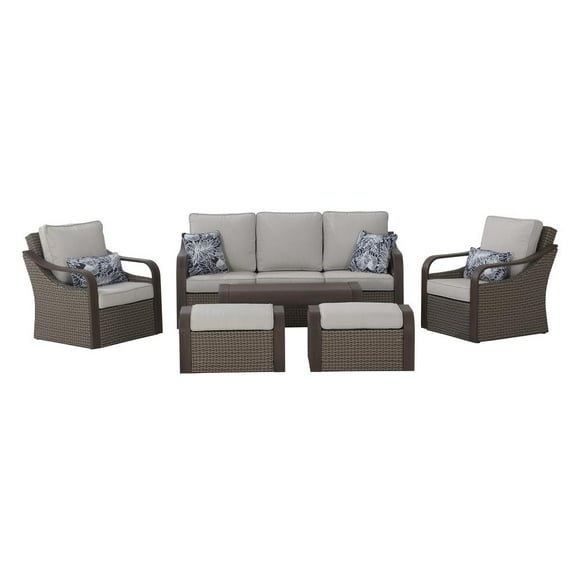 Sunjoy 6-pc. Patio Conversation Sets Brown Wicker Outdoor Furniture Set with Cushions and 2 Ottomans