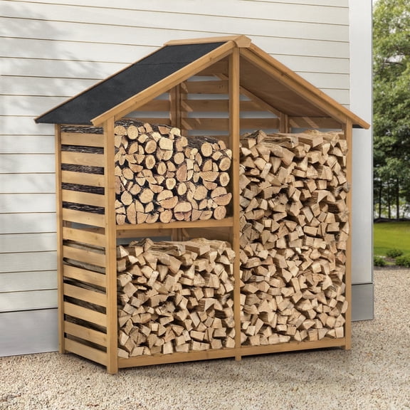 Sunjoy 69" Firewood Log Rack, Large Capacity Outdoor Solid Cedar Wood Firewood Storage Rack with Black Asphalt Roof and 2-Tier Shelf for Patio and Backyard