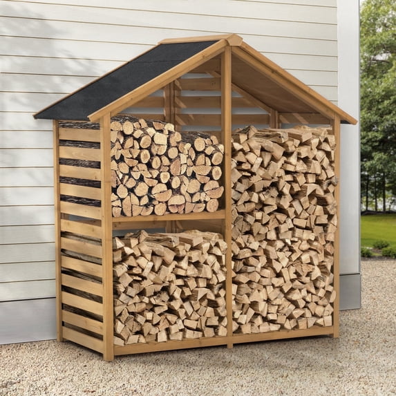 Sunjoy 69" Firewood Log Rack, Large Capacity Outdoor Solid Cedar Wood Firewood Storage Rack with Black Asphalt Roof and 2-Tier Shelf for Patio and Backyard