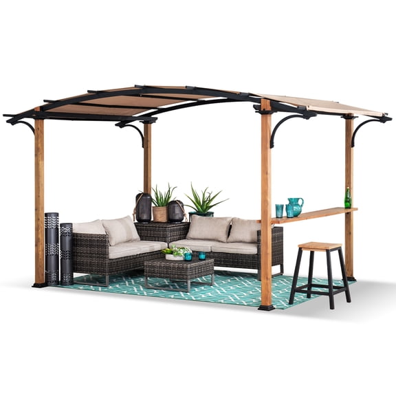 SUNJOY 9x13 Modern Arched Metal Pergola with Tan Heavy-duty Textilene Fabric Canopy and Bar Shelf