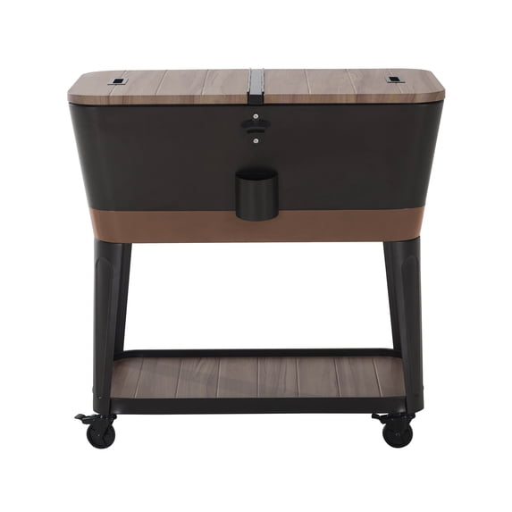 Sunjoy 80-Quart Wood Grain Finish Metal Rolling Ice Chest Cooler Cart with Storage Shelf, Steel Bottle Opener, and Lockable Wheels, Copper