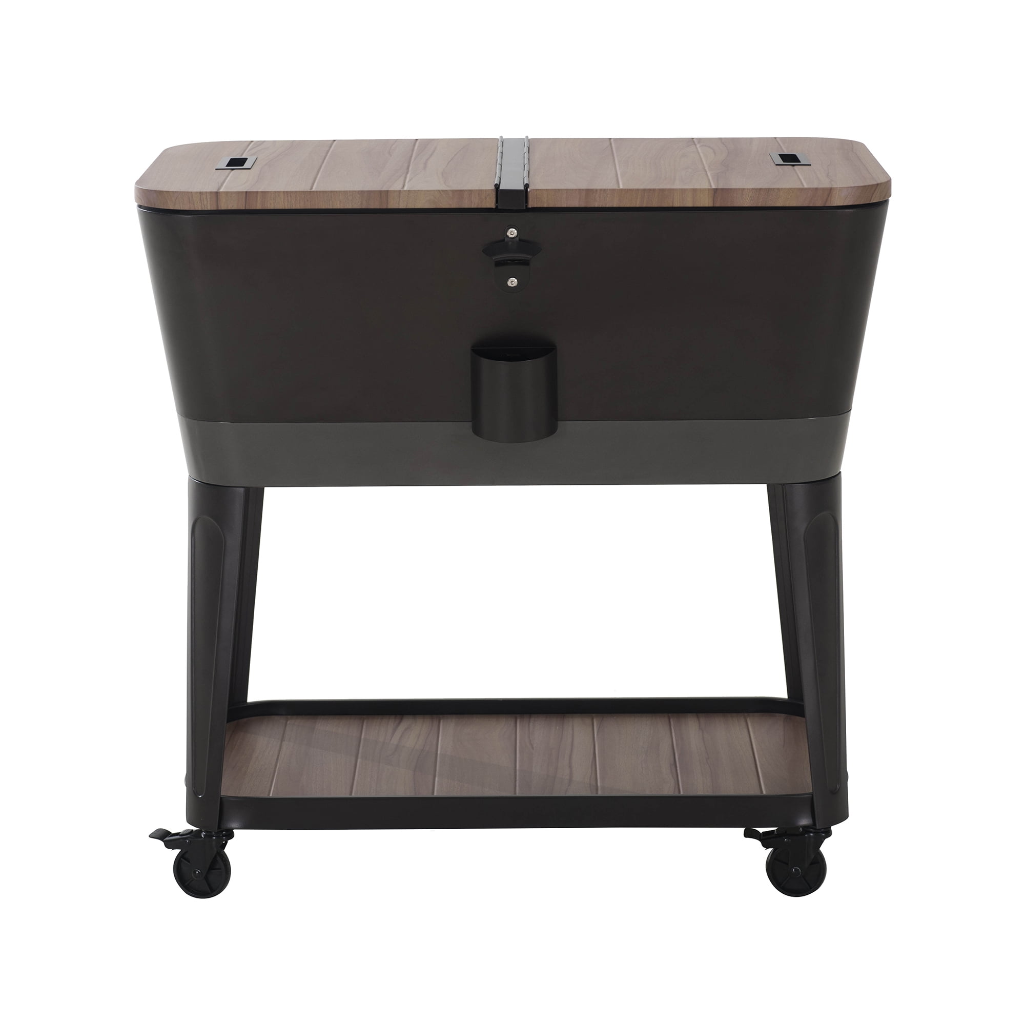 Sunjoy 80-Quart Wood Grain Finish Metal Rolling Ice Chest Cooler Cart with Storage Shelf, Steel Bottle Opener, and Lockable Wheels, Deep Silver