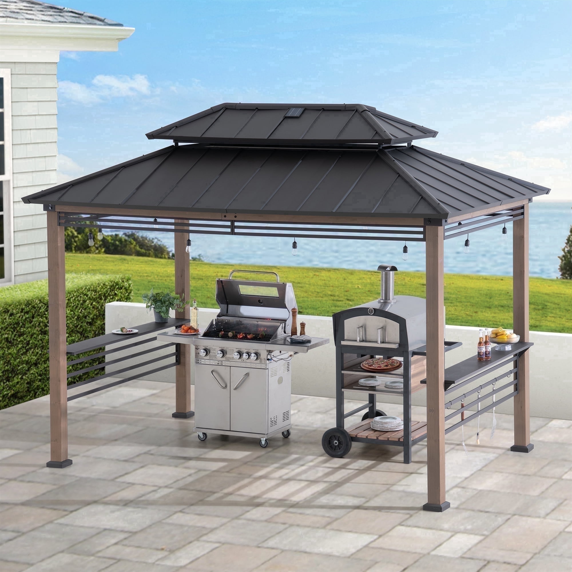 Sunjoy 8ft. x 12 ft.  Wooden Cedar Framed Grill Gazebo with DC Solar Power - Brown