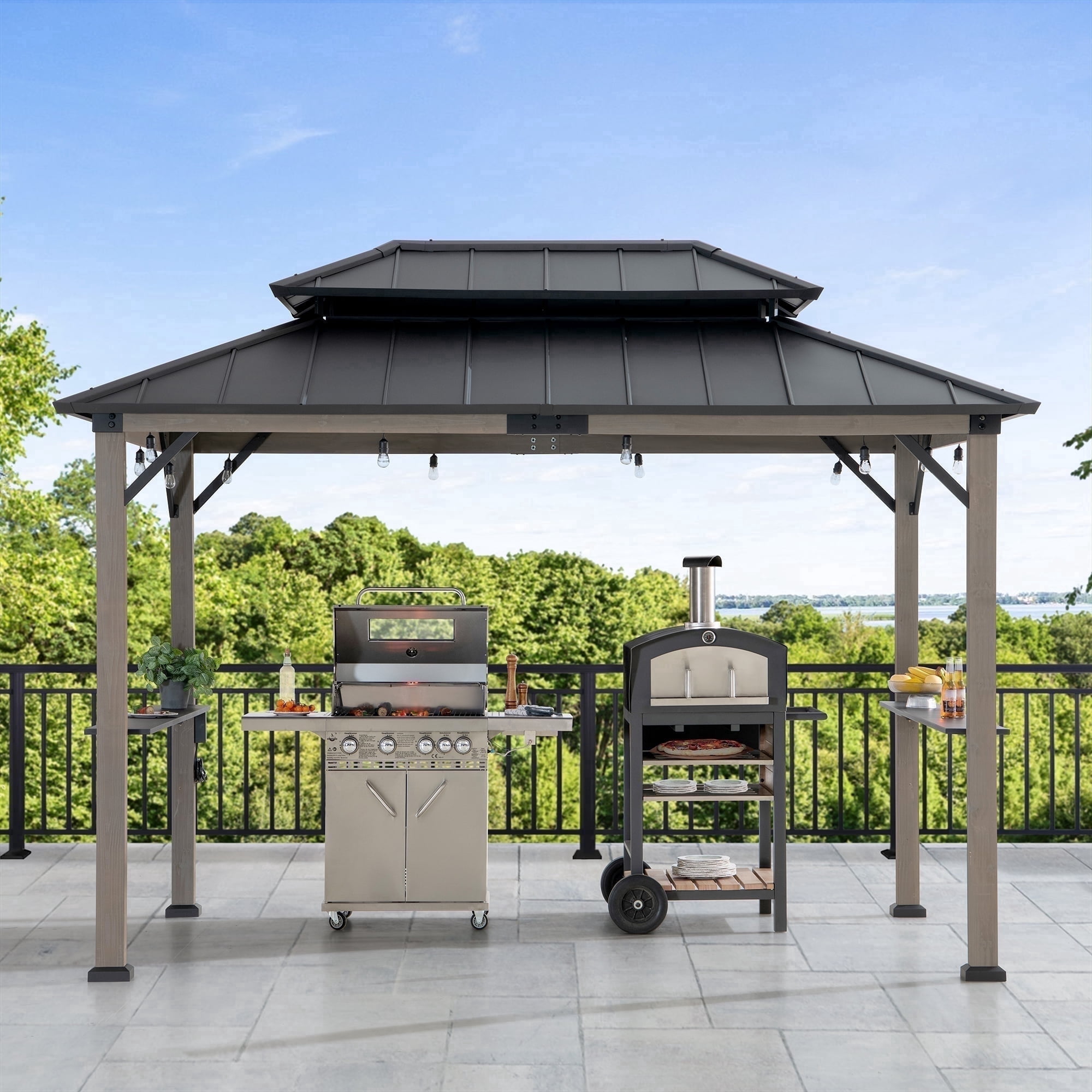 Sunjoy 8ft. x 12 ft. Wooden Cedar Framed Grill Gazebo with exclusive AC Power Port - Black