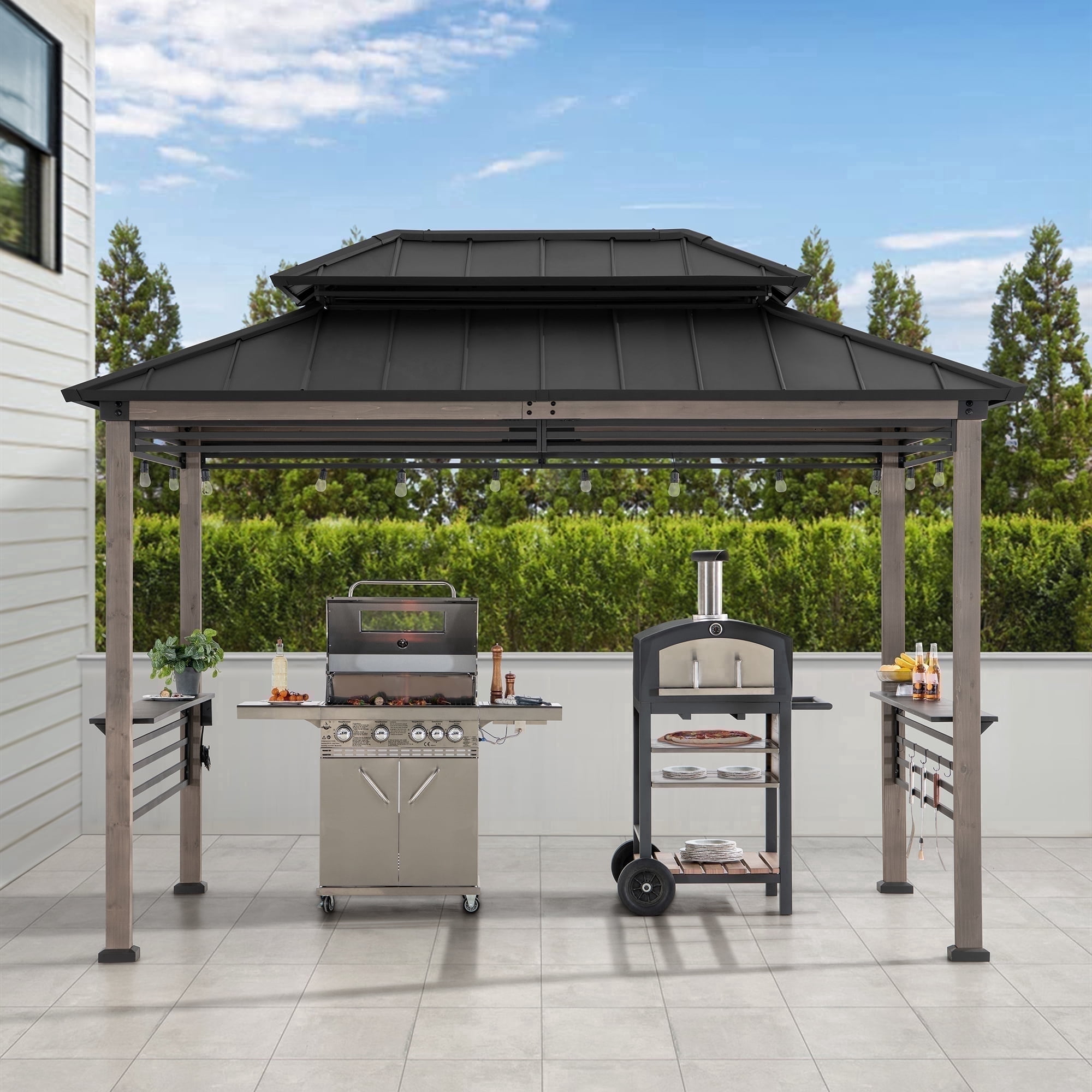 Sunjoy 8ft. x 12 ft. Wooden Cedar Framed Grill Gazebo with exclusive AC Power Port - Black