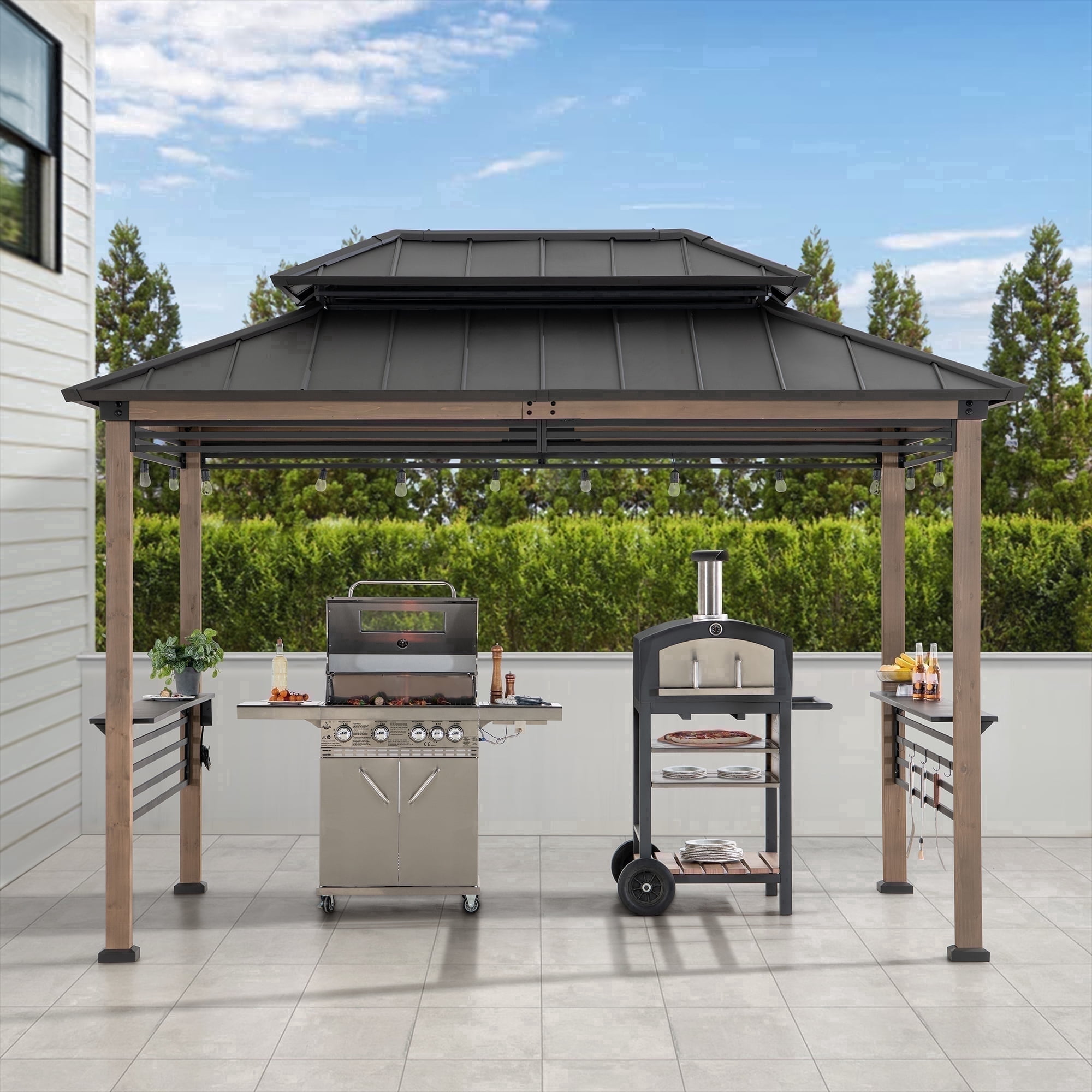 SUNJOY 8x12 ft Extra-Tall Cedar Grill Gazebo with Ventilated Roof, AC Power & Shelves, Brown