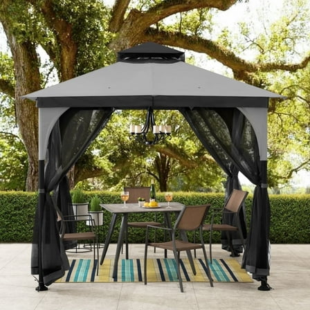 Sunjoy 9 ft. x 9 ft. Grey and Black Steel Soft Top Gazebo Mosquito Nettings and Privacy Screens, Double Roof Outdoor Screened Gazebos Shelter,Gazebo Canopies for Backyard