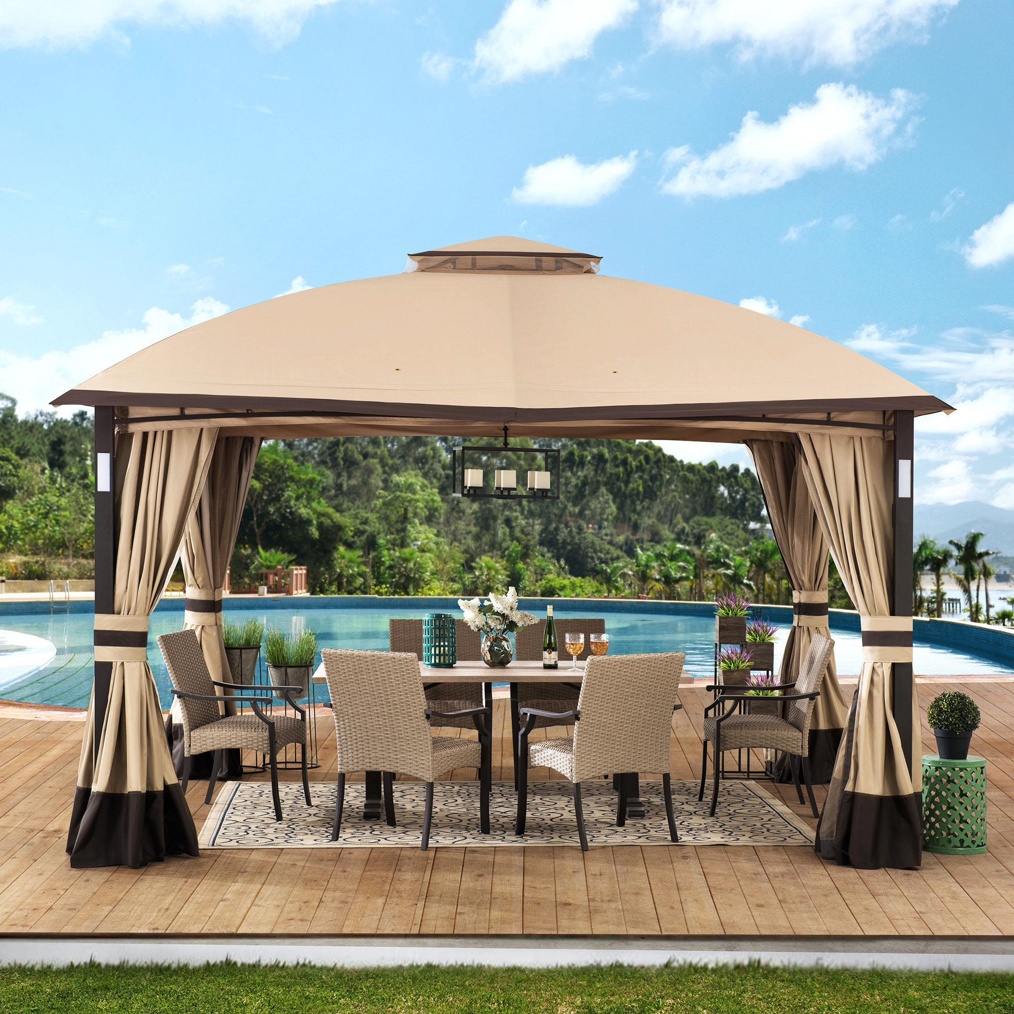 Sunjoy Adrienne 10 ft. x 12 ft. Tan and Brown Gazebo with LED Lighting