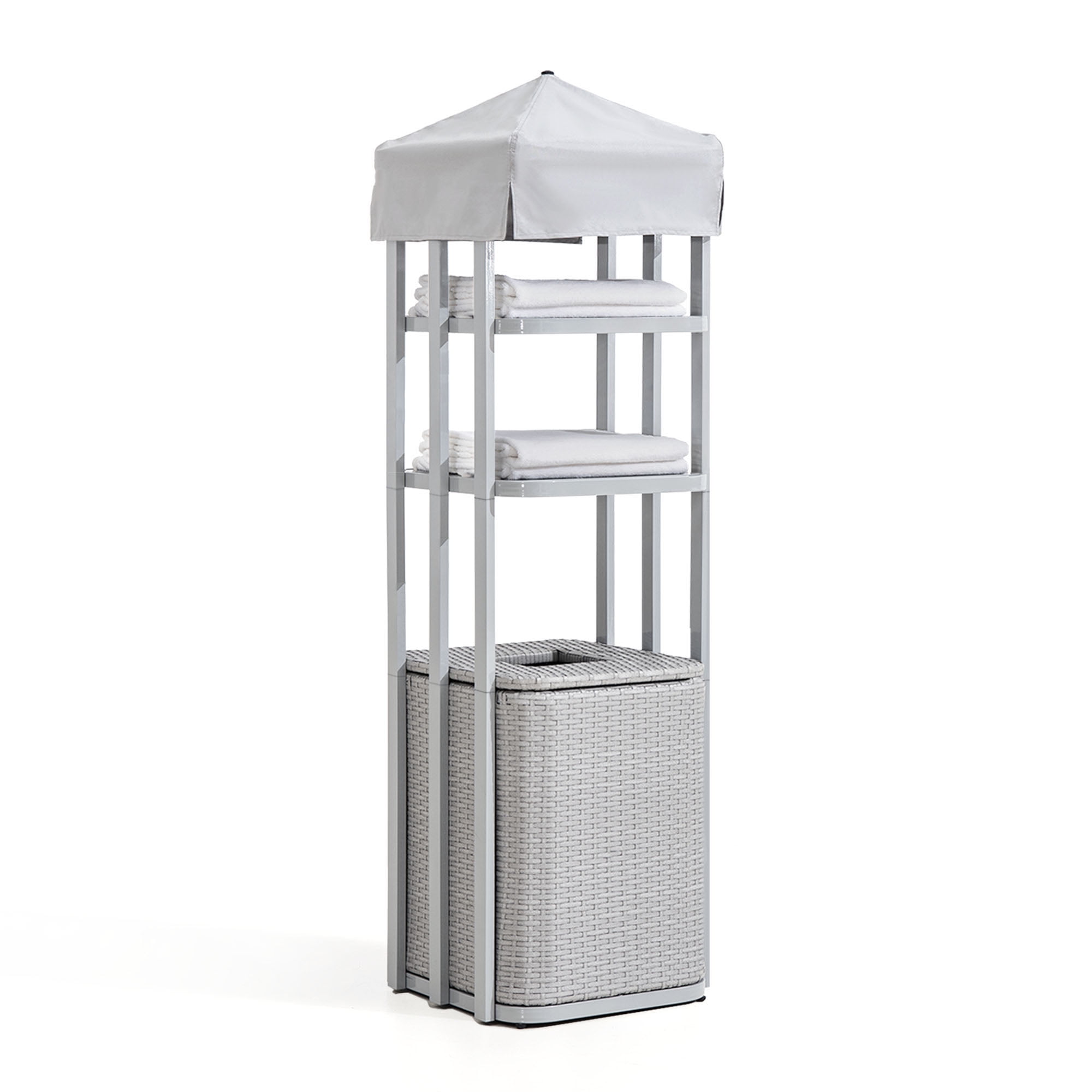 Gray Aluminum Pool Towel Valet Tower with Wicker Storage Basket