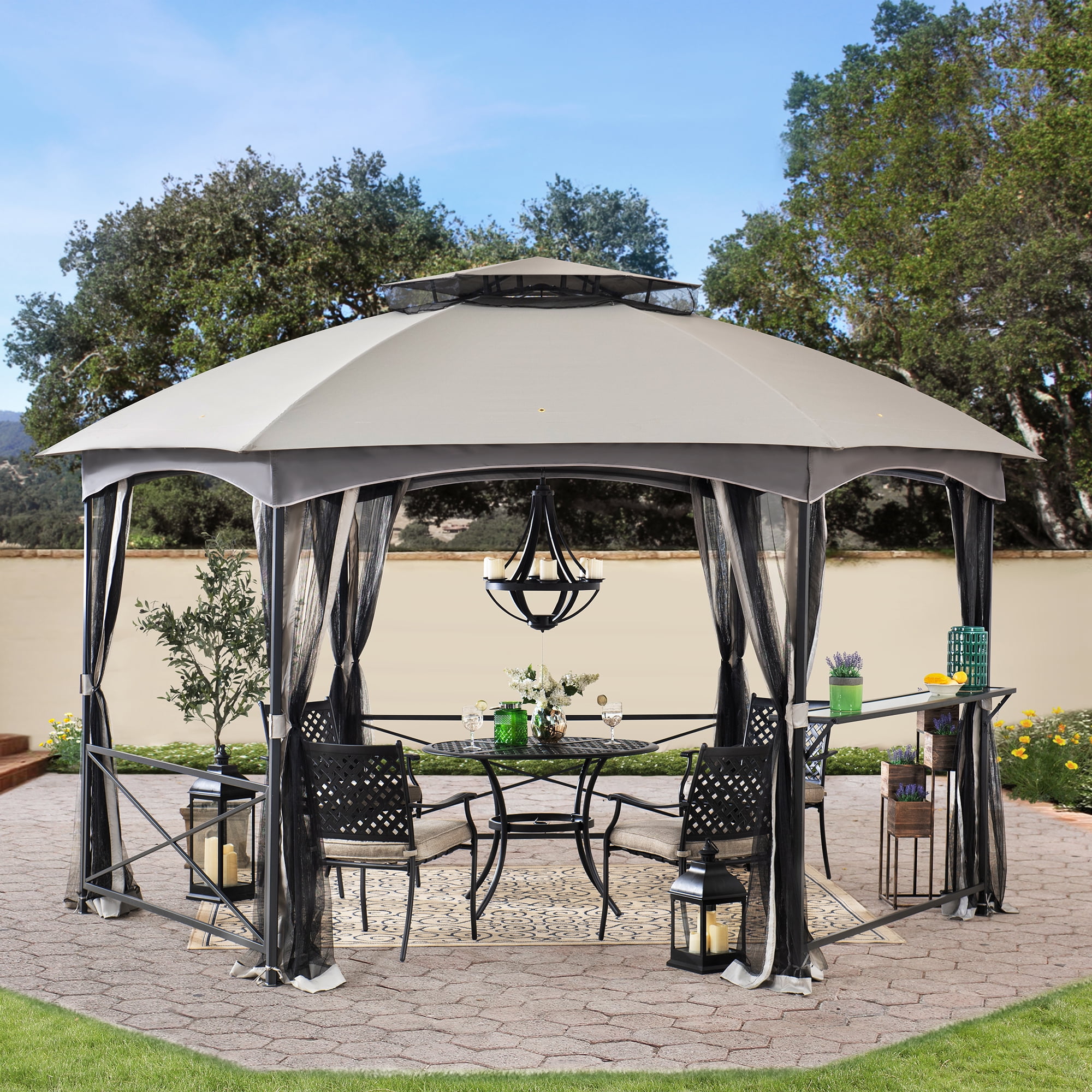 Hexagon Gray Steel Portable Gazebo with Two-Tier Dome Roof