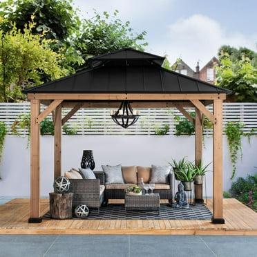 Sunjoy Bridgeport 11 x 13 ft. Outdoor Patio Cedar Framed Gazebo with Black Double Steel Hardtop Roof for Garden, Backyard Shade
