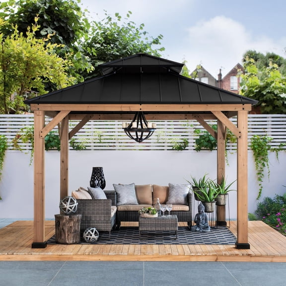 Sunjoy Bridgeport 11 x 13 ft. Outdoor Patio Cedar Framed Gazebo with Black Double Steel Hardtop Roof for Garden, Backyard Shade