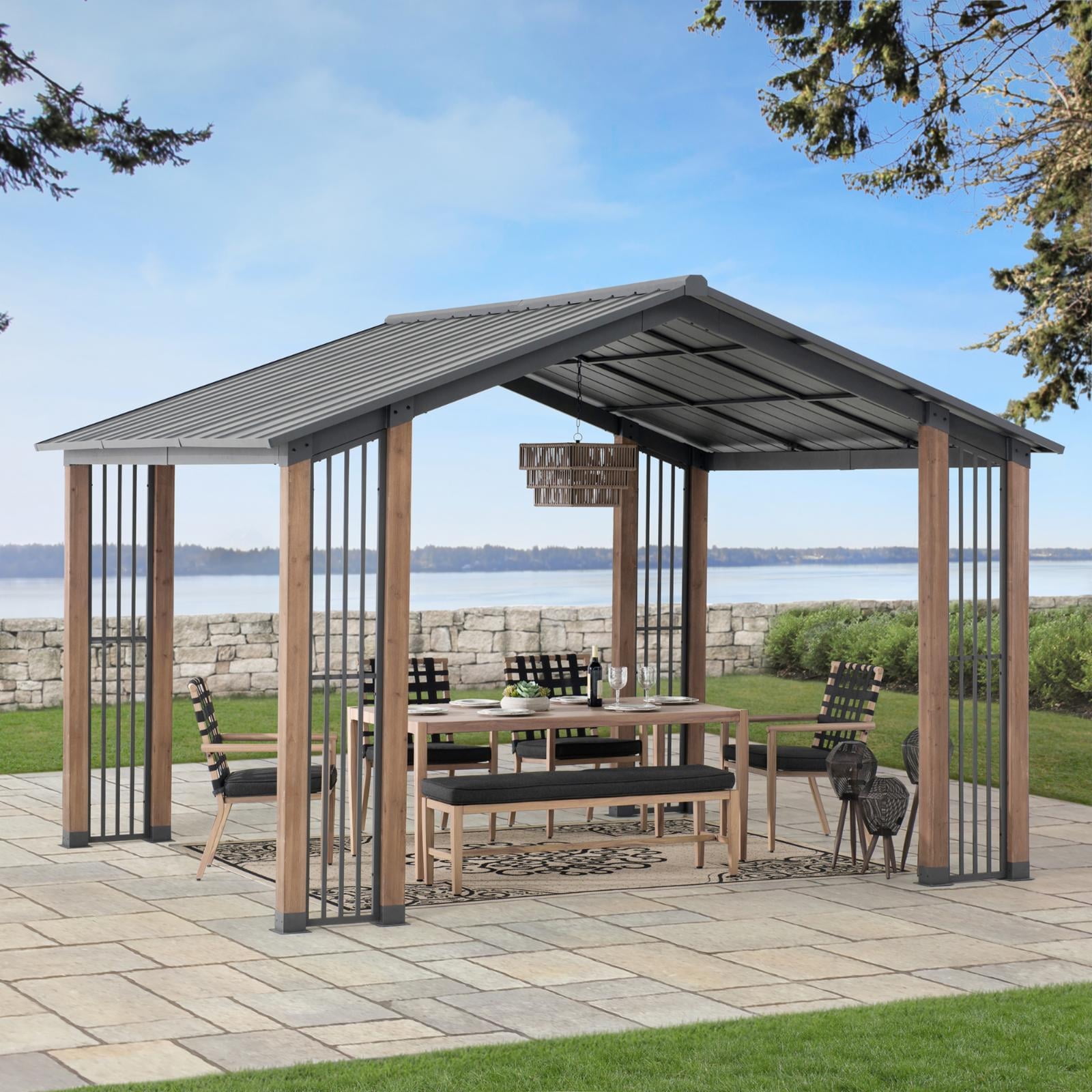 Sunjoy Group 11 x 13 Hardtop Cedar Wood Gazebo, Durable Steel Roof and Easy Assembly