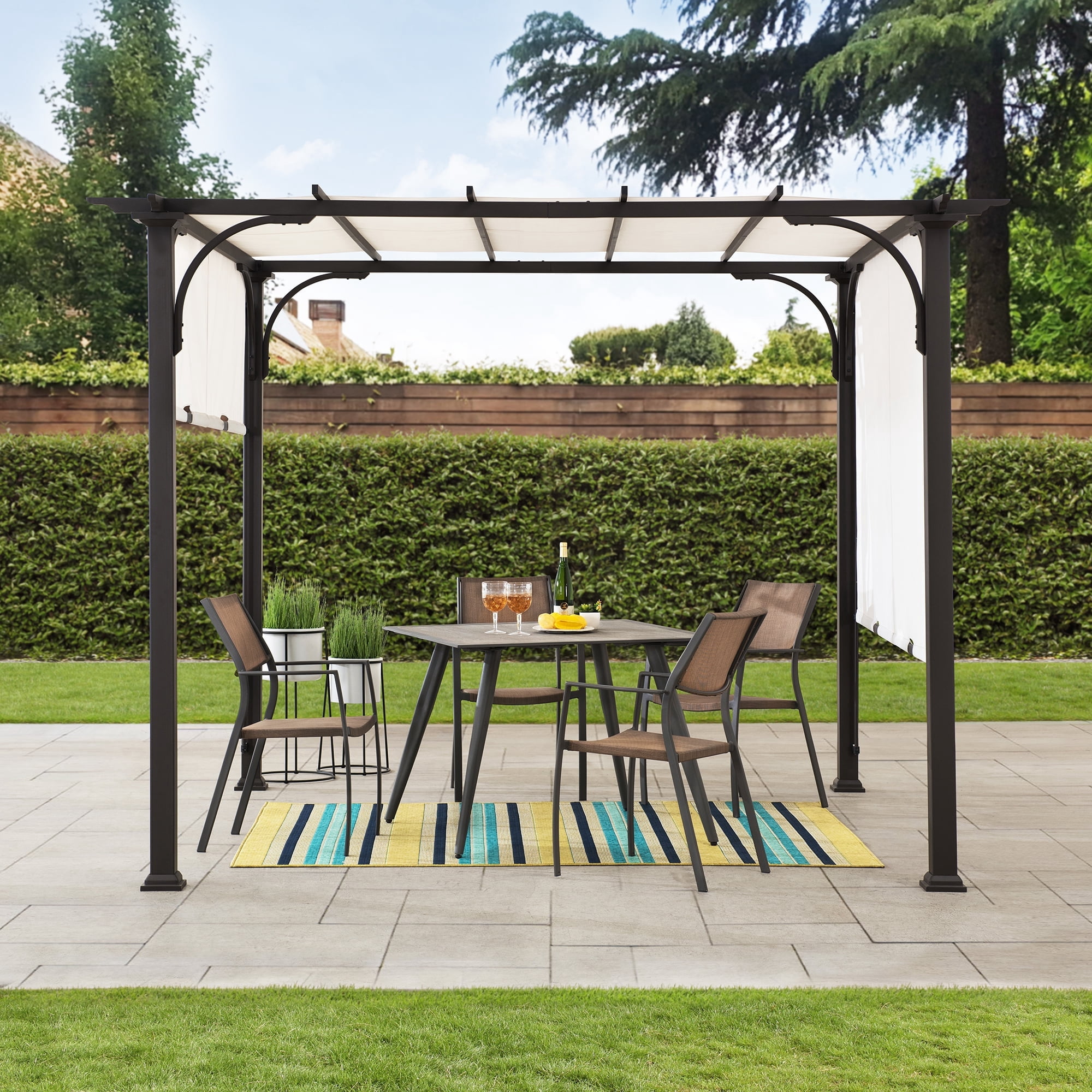 Sunjoy Diego 10x10 ft. Outdoor Patio Brown Steel Classic Frame Pergola with Retractable White Canopy Shade for Backyard, Garden Activities