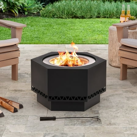 Sunjoy Fire Pit Smokeless 26 Inch Hexagonal Outdoor Fire Pit, Patio Wood Burning Smokeless Firepit with PVC Cover and Fire Poker, Ideal for Camping, Bonfire, and Backyard, Black