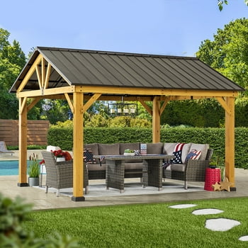 Sunjoy Gale 11 x 13 ft. Outdoor Patio Premium Cedar Wood Frame Gazebo with Brown Steel Gable Hardtop Roof