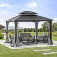 thumbnail image 1 of Sunjoy Hardtop Gazebo 10 x 12 ft. Outdoor  Steel Frame  Gazebo With 2 Roof Metal  Gazebo with Ceiling Hook and Removable Netting Sidewalls, Black, 1 of 12