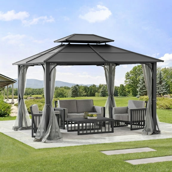 Sunjoy Hardtop Gazebo 10 x 12 ft. Outdoor  Steel Frame  Gazebo With 2 Roof Metal  Gazebo with Ceiling Hook and Removable Netting Sidewalls, Black