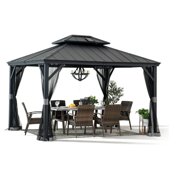 Sunjoy Hardtop Gazebo 10 x 12 ft.  with Solar Panel Outdoor Patio Aluminum Frame Gazebo , 2-Tier Steel Hardtop Backyard Gazebo with Netting and Ceiling Hook, Black