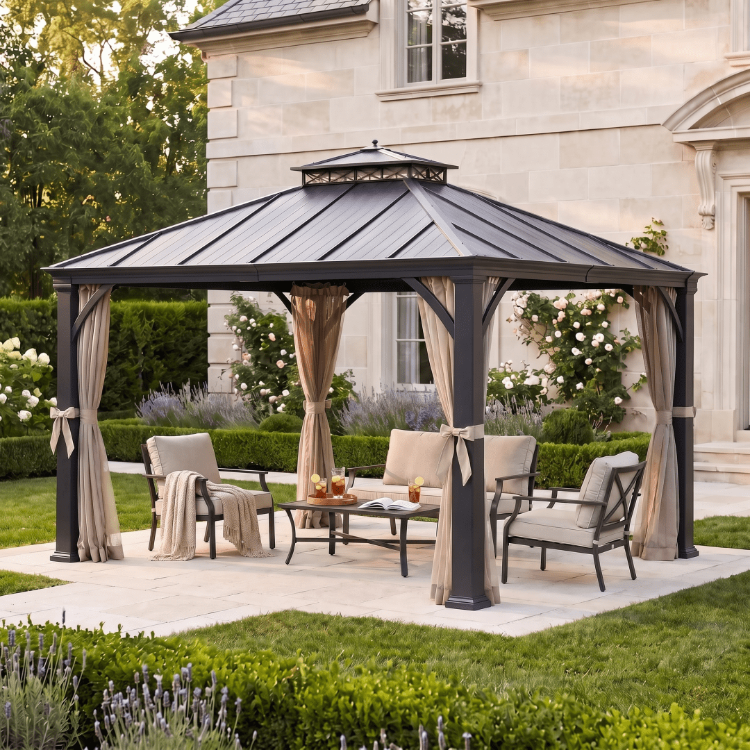 Sunjoy 11 x 13 ft. Crown Lattice Hardtop Patio Gazebo with 2-Tier Metal Roof & Mesh Netting, Matte Black Steel