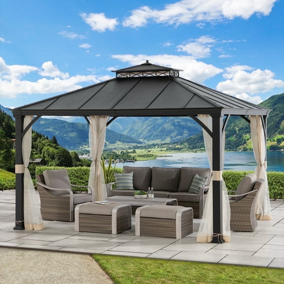 Sunjoy Hardtop Gazebo 11 x 13 ft. Outdoor Patio Black Metal Gazebo, Double Tiered Gazebo with Ceiling Hook and Mesh Netting, Black