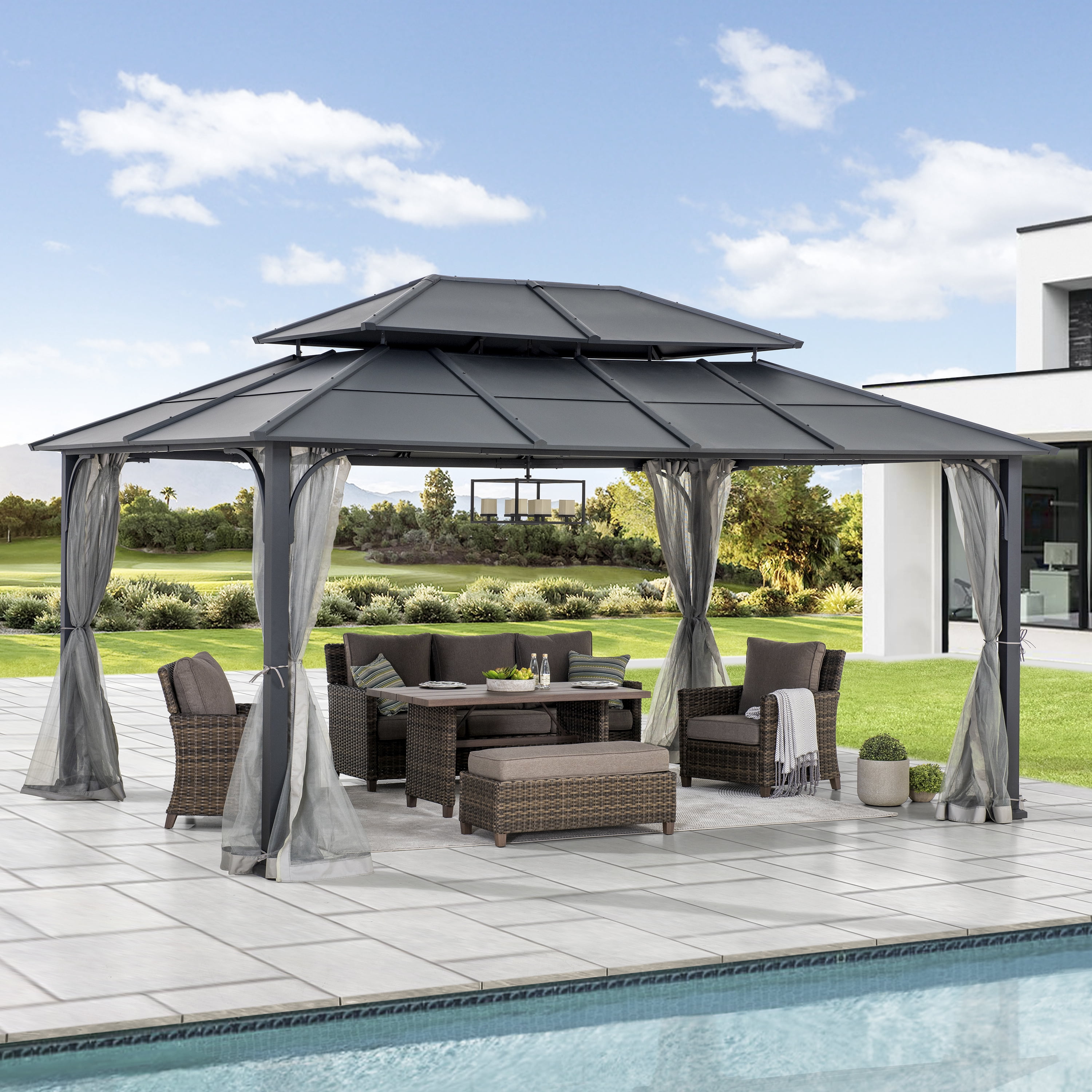Sunjoy Hardtop Gazebo 12 x 16 ft. Outdoor Gazebo, Heavy Duty Steel Frame Gazebo, Double Tiered Metal Gazebo with Ceiling Hook and Removable Netting Sidewalls, Black
