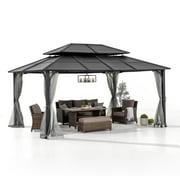 Sunjoy Hardtop Gazebo 12 x 16 ft. Outdoor Gazebo, Heavy Duty Steel Frame Gazebo, Double Tiered Metal Gazebo with Ceiling Hook and Removable Netting Sidewalls, Black