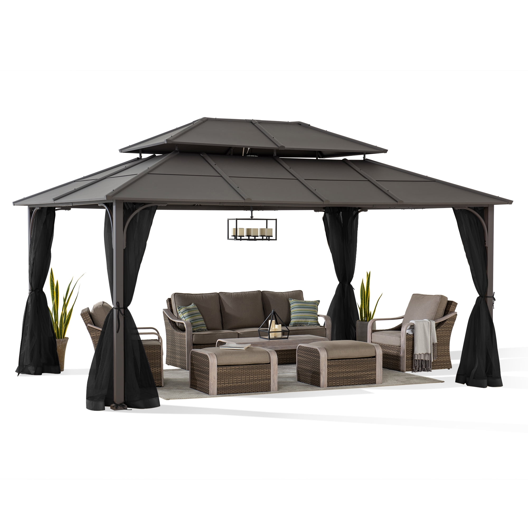 Sunjoy 12 x 16 ft. Black Steel Hardtop Gazebo with Netting