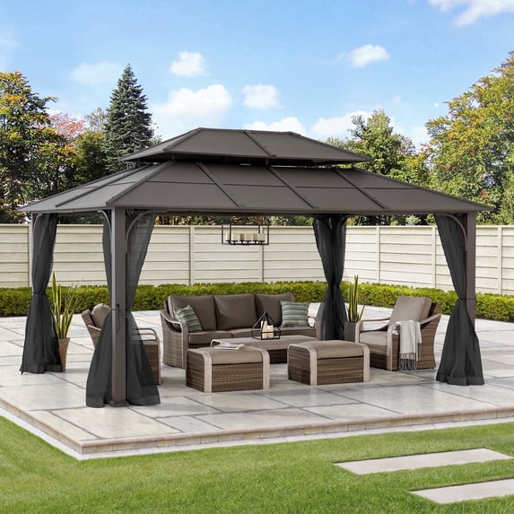 Sunjoy Hardtop Gazebo 12 x 16 ft. Outdoor Gazebo, Heavy Duty Steel Frame Gazebo, Double Tiered Metal Gazebo with Ceiling Hook and Removable Netting Sidewalls, Brown
