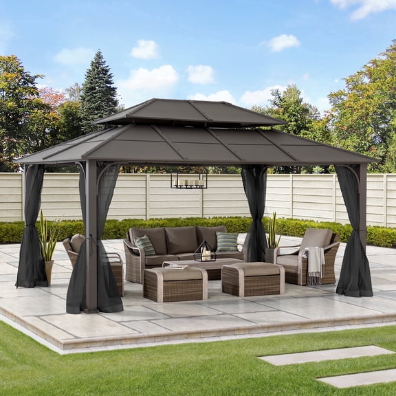 Sunjoy Hardtop Gazebo 12 x 16 ft. Outdoor Gazebo, Heavy Duty Steel Frame Gazebo, Double Tiered Metal Gazebo with Ceiling Hook and Removable Netting Sidewalls, Brown