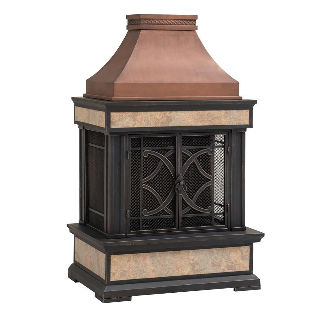 Copper and Yellow Tile Outdoor Wood Burning Fireplace