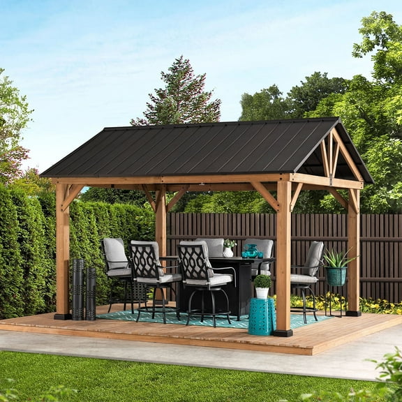 Sunjoy 11 ft. x 13 ft. Outdoor Patio Hardtop Gazebo, Wooden Frame Metal Gazebo with Black Steel Gable Roof, Suitable for Patios, Lawn and Backyard