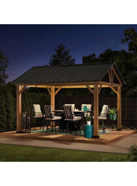 Sunjoy Helena Collection 11 x 13 ft. Outdoor Patio Premium Cedar Wood Frame Gazebo with Matte Black Steel Gable Hardtop Roof