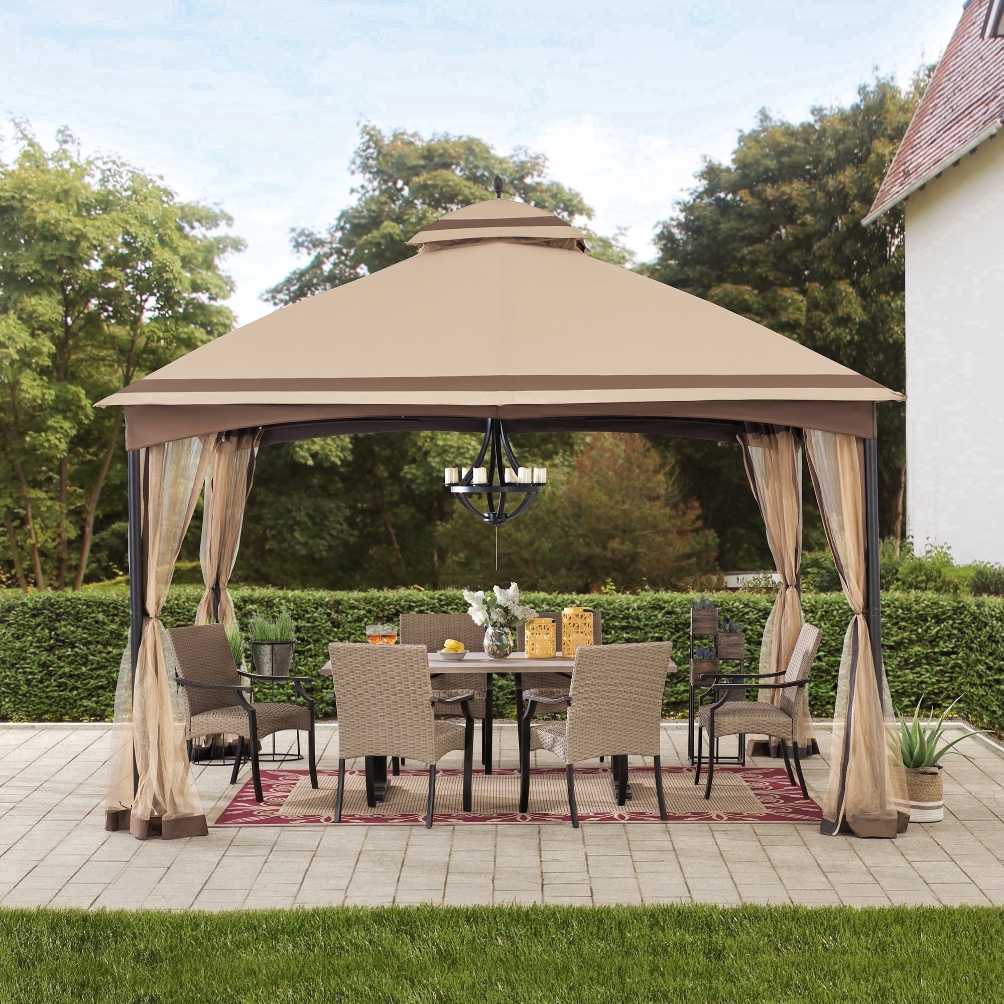 Sunjoy 10 ft. x 12 ft. Outdoor Soft Top Gazebo Beige with Mosquito Netting, Brown 2-tier Steel Gazebo For Backyard,Garden