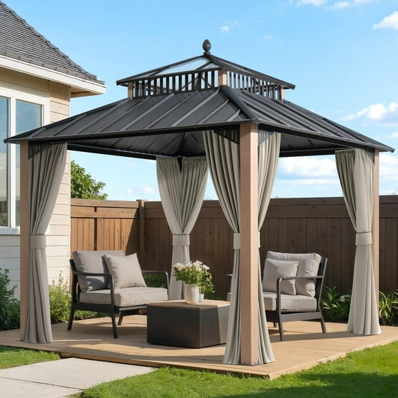 Sunjoy 10x10 ft. Outdoor Gazebo Steel Matel 2-Tier Roof Hardtop Gazebo with Curtain and Netting,Kingston Series,Woodgrain Aluminum Posts