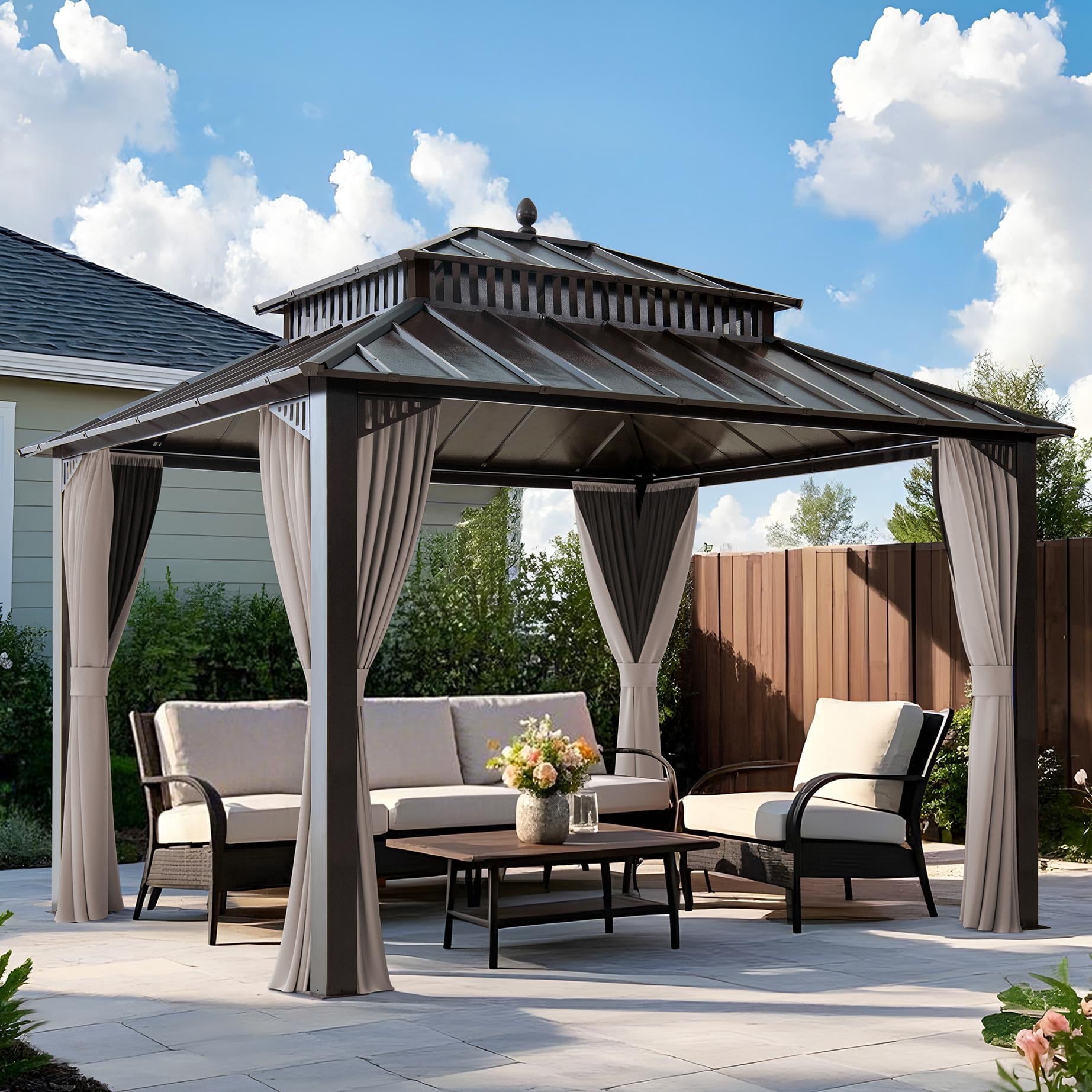 Sunjoy Kingston 12x10 Gazebo, Steel Hardtop Gazebo with Curtain and