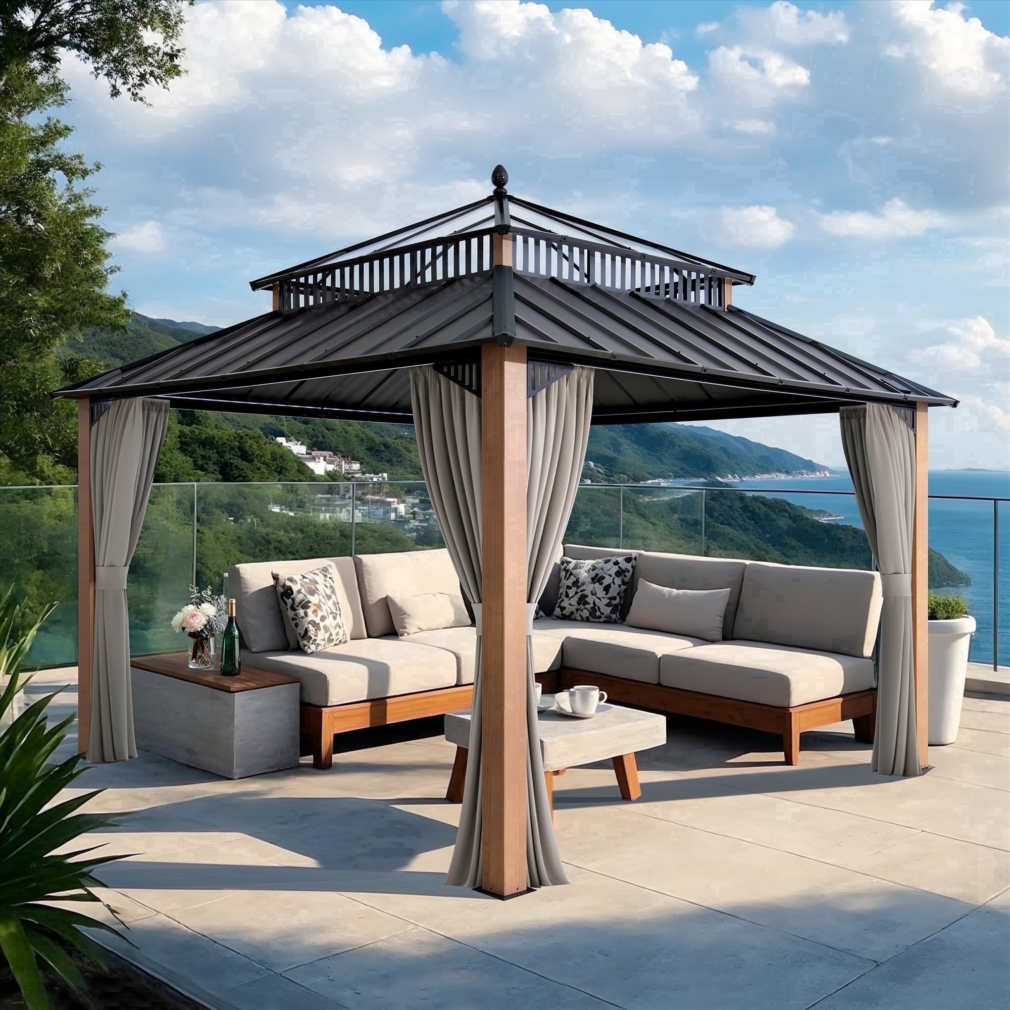 Sunjoy 12x12 Gazebo, Steel & PC Roof Hardtop Gazebo with Curtain and Netting,Kingston Series, Aluminum Posts