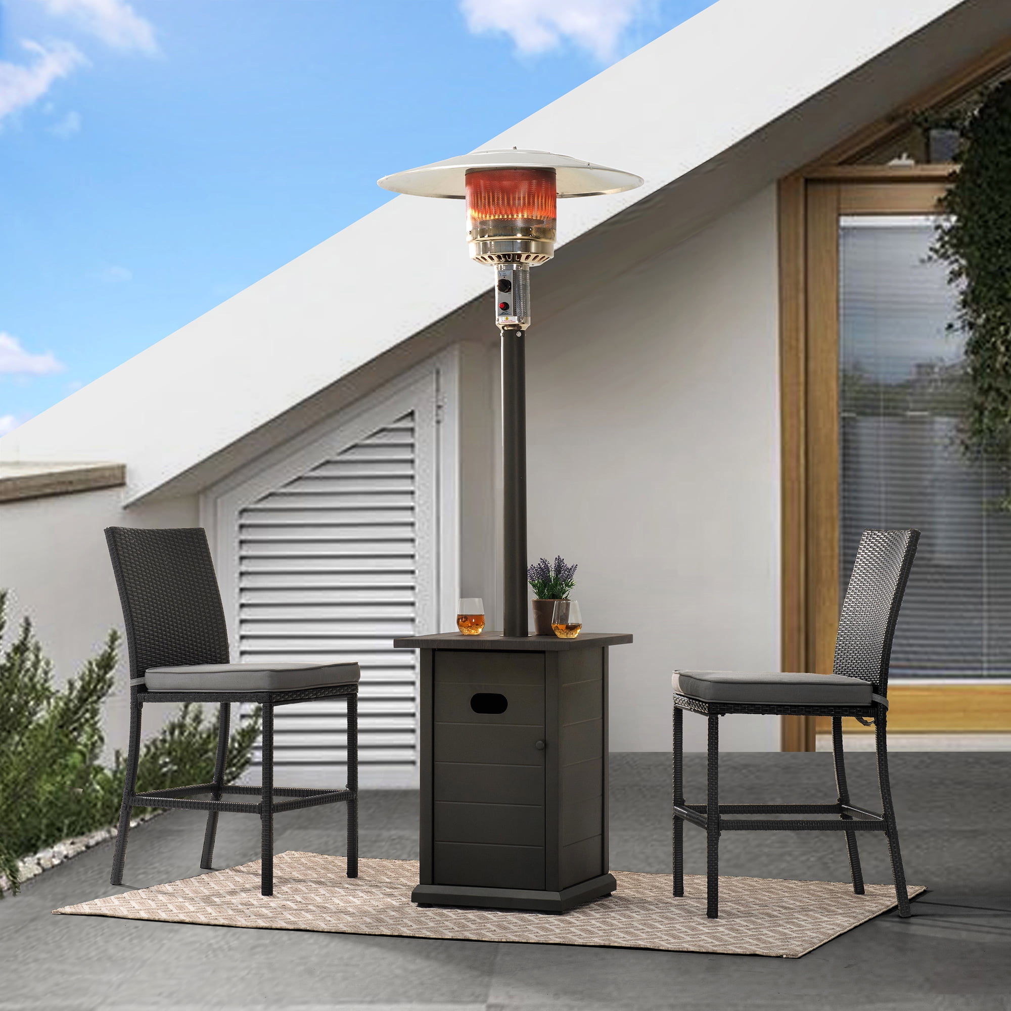 SUNJOY Patio Heater, 40,000 BTU Outdoor Patio Propane Heater with Side Table Design, Stainless Steel Burner, Safety Self Shut-Off System for Commercial & Residential Use ,Gray