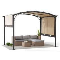 Sunjoy Lindt  9.5 x 11 ft. Outdoor Steel Arched Pergola with Adjustable Canopy for Patio, Backyard, and Garden, Tan & Brown